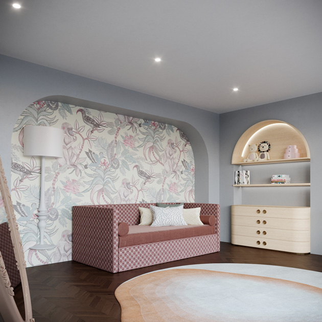 Descripción de la imagen: ideas de decoración: cama en la habitación de los niños en tonos rosas