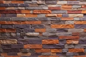 Muro de piedra con patrón rojo, morado y naranja con texto o área de producto