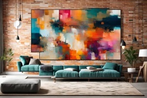 idea de sala de estar con un ambiente alegre y feliz, diseño de decoración del hogar con pintura abstracta colorida, cuadro para colgar en la pared