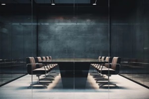 sala de conferencias y sala de reuniones moderna y vacía con mesa y sillas de oficina sobre fondo de cristal